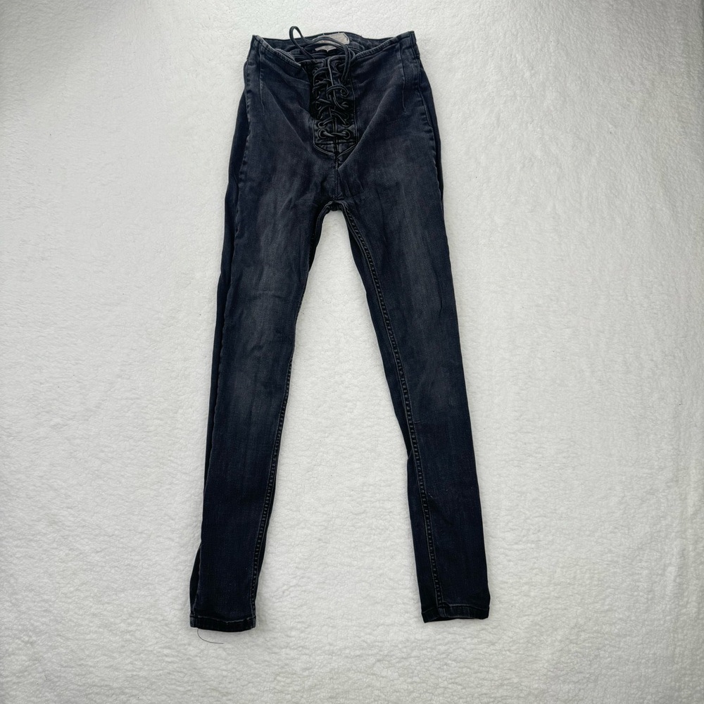 Free People Black Skinny Jeans Lace-Up Front Denim Pants Stretchy Vintage Sz 26